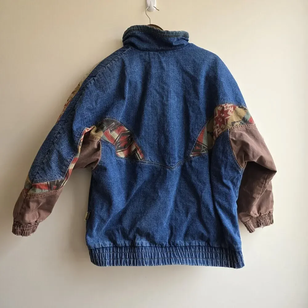 VTG 90s Izzi Western Denim Jacket Southwest Aztec Geometric Patchwork Oversize L - Picture 5 of 12